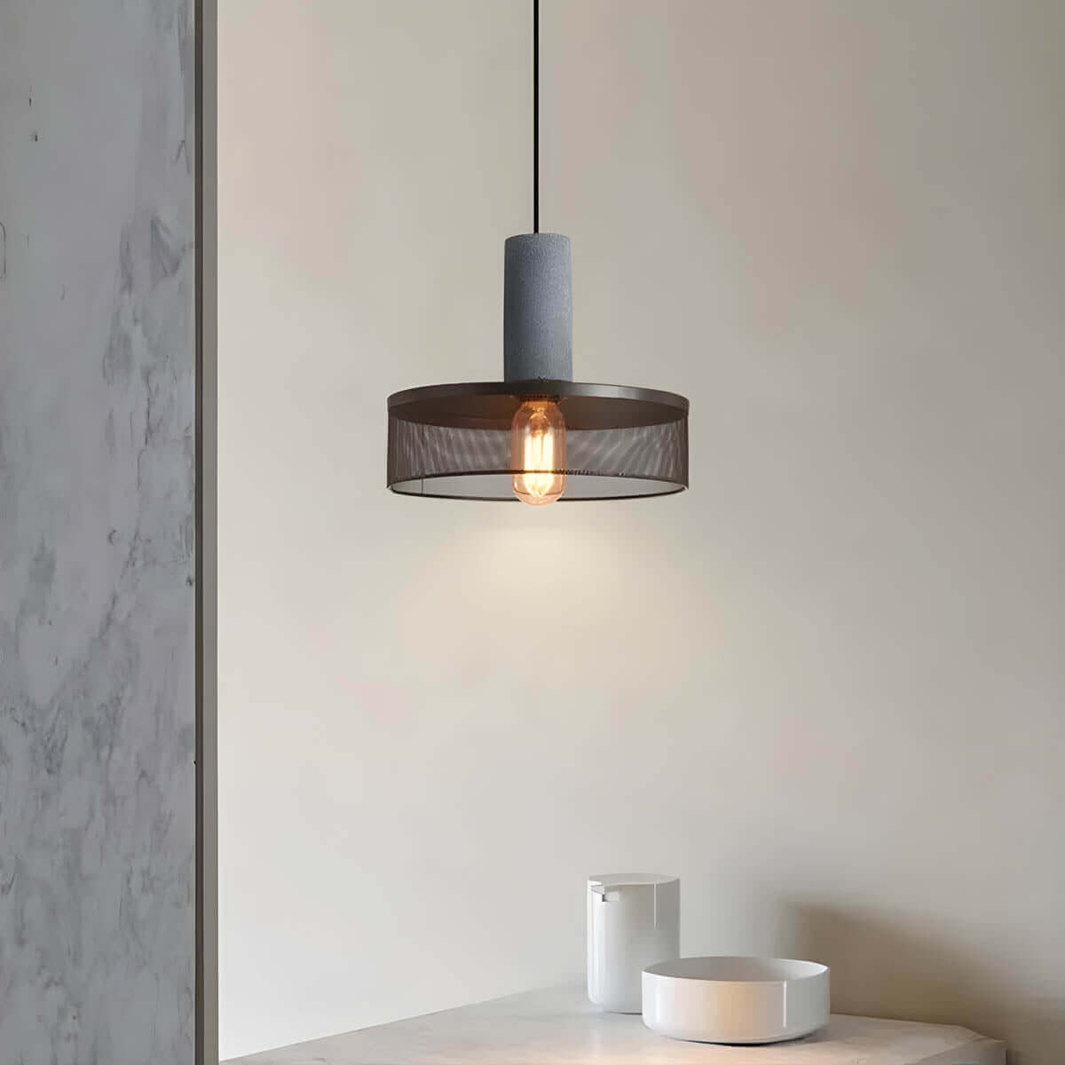 Industrial Style Pendant Light - Concrete and Iron Hanging Ceiling Lamp Fixture