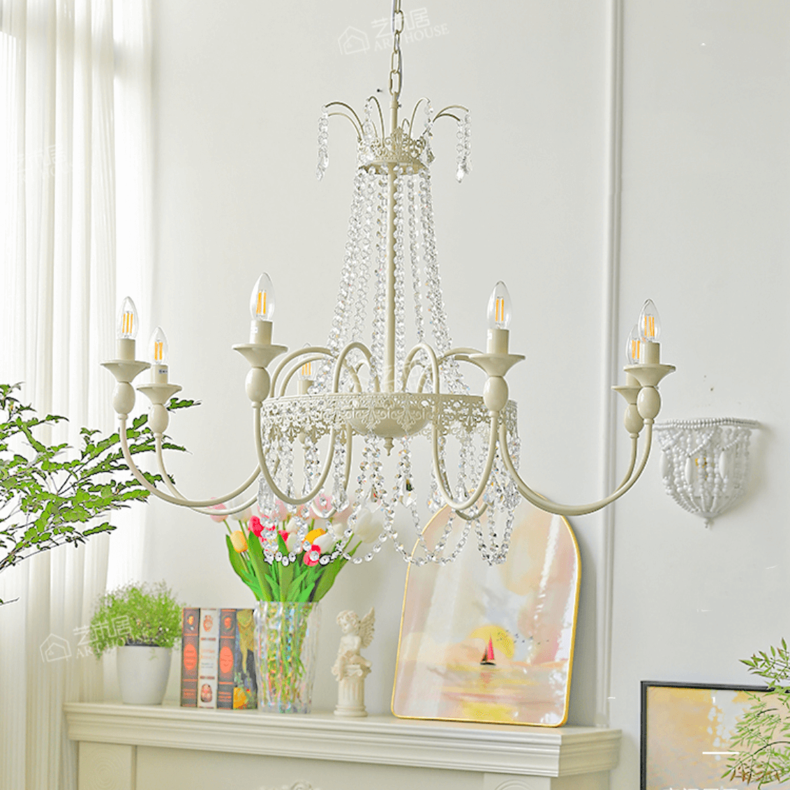 Vintage White Metal & Glass Luxury Chandelier Light -Homdiy