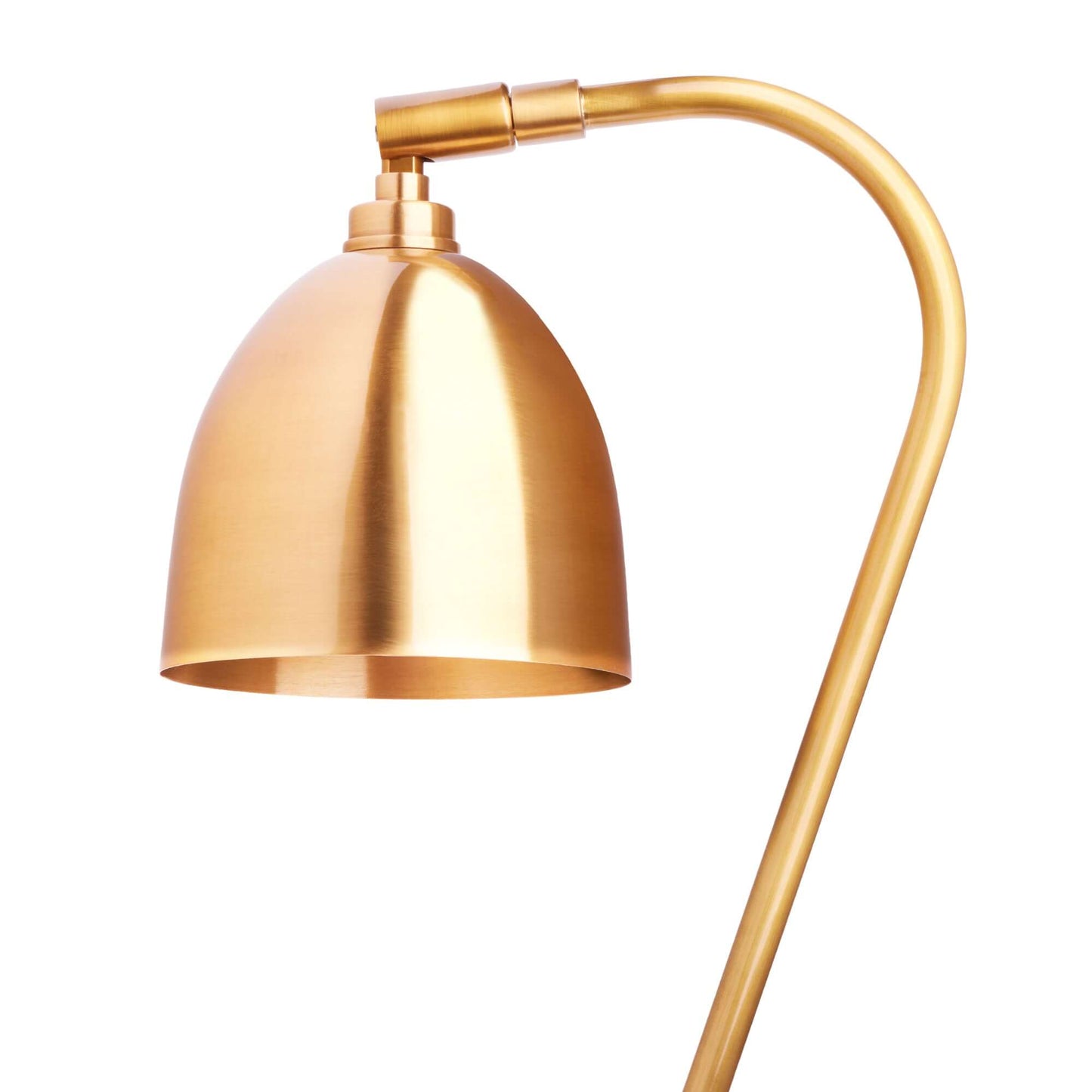 DET,alt:A brass-coloured table lamp with a curved neck and a dome-shaped shade, shown against a white background.