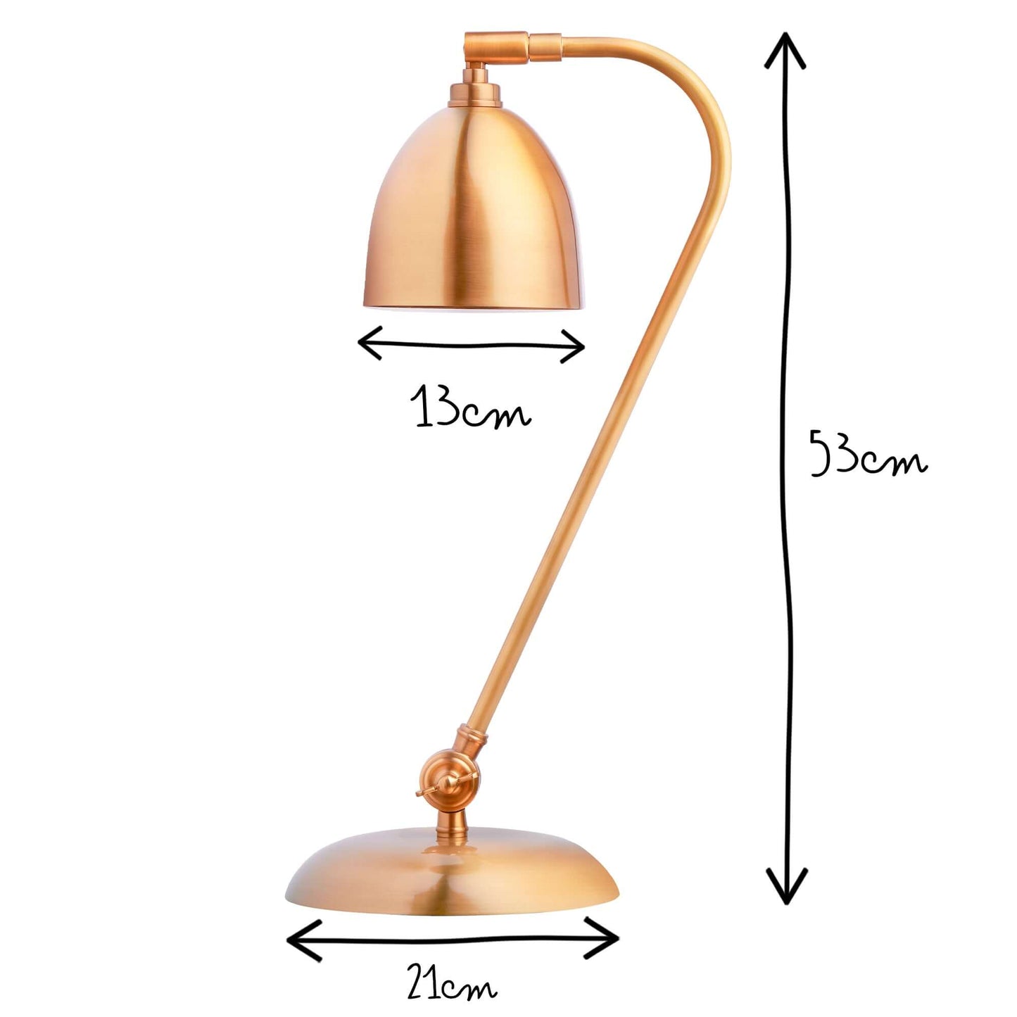 DET,alt:Brass desk lamp with curved arm. Measurements: lamp height 53 cm, base width 21 cm, lampshade diameter 13 cm.